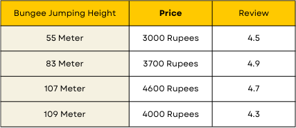 Bungee Jumping in Rishikesh Price List
